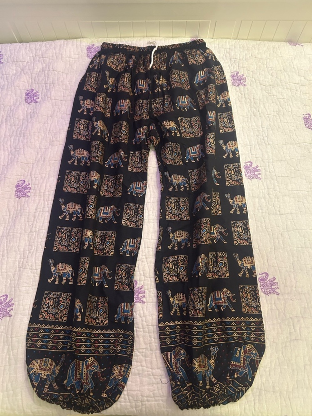 Boho Elephant Print Harem Pants in Black and Blue